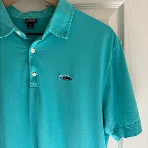 Patagonia Fitz Roy Trout Polo Shirt Short Sleeve Organic Cotton Teal Blue Mens